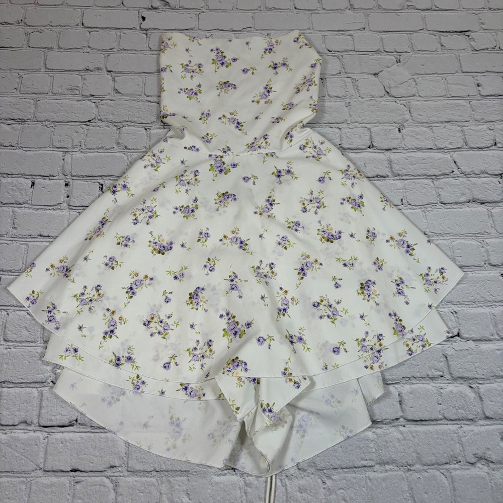 Shein Women White Purple Floral Lace Up Back Strapless Skort Romper Size M 6